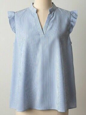 Blue and White Striped Ruffle Sleeve V-Neck Top